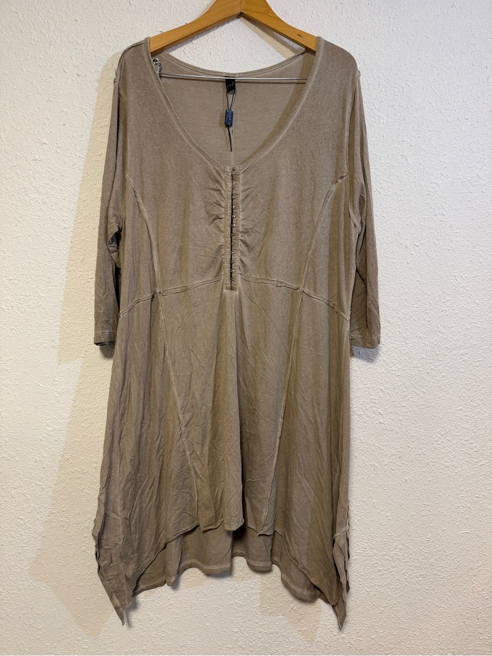 Yoek Taupe V-Neck Gathered Tunic Lagenlook size large